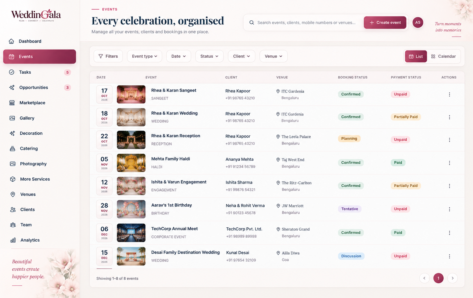 WeddingGala event management screen showing clients, venues and booking progress